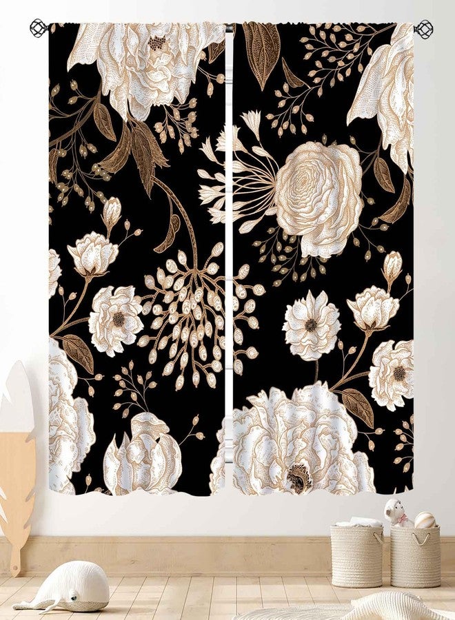 TKUYO Black Floral Curtains, Boho Vintage Black Gold Peony Rose Gothic Spring Flower Blossom Art Printed Aesthetic Retro Country Window Drapes for Kitchen Bedroom Living Room Bathroom 2 Panels, 84"x63" Inch - Image 1